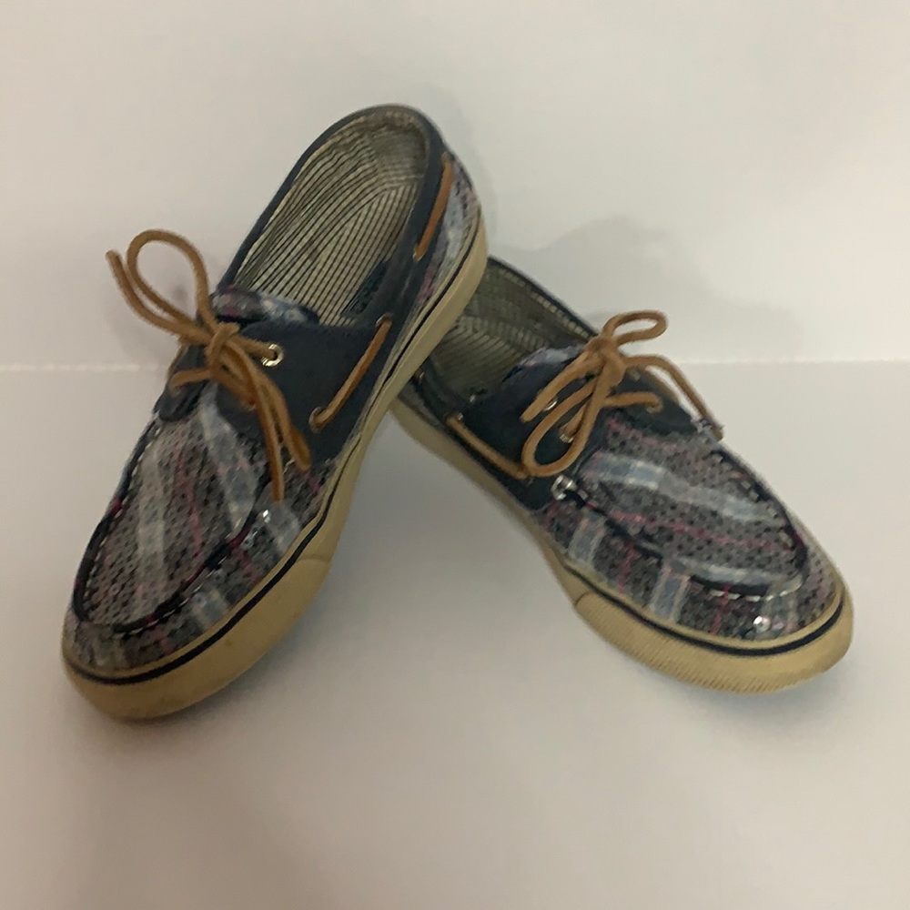 Sperry Top Sider blue plaid with clear sequins shoes Women’s size 7.5